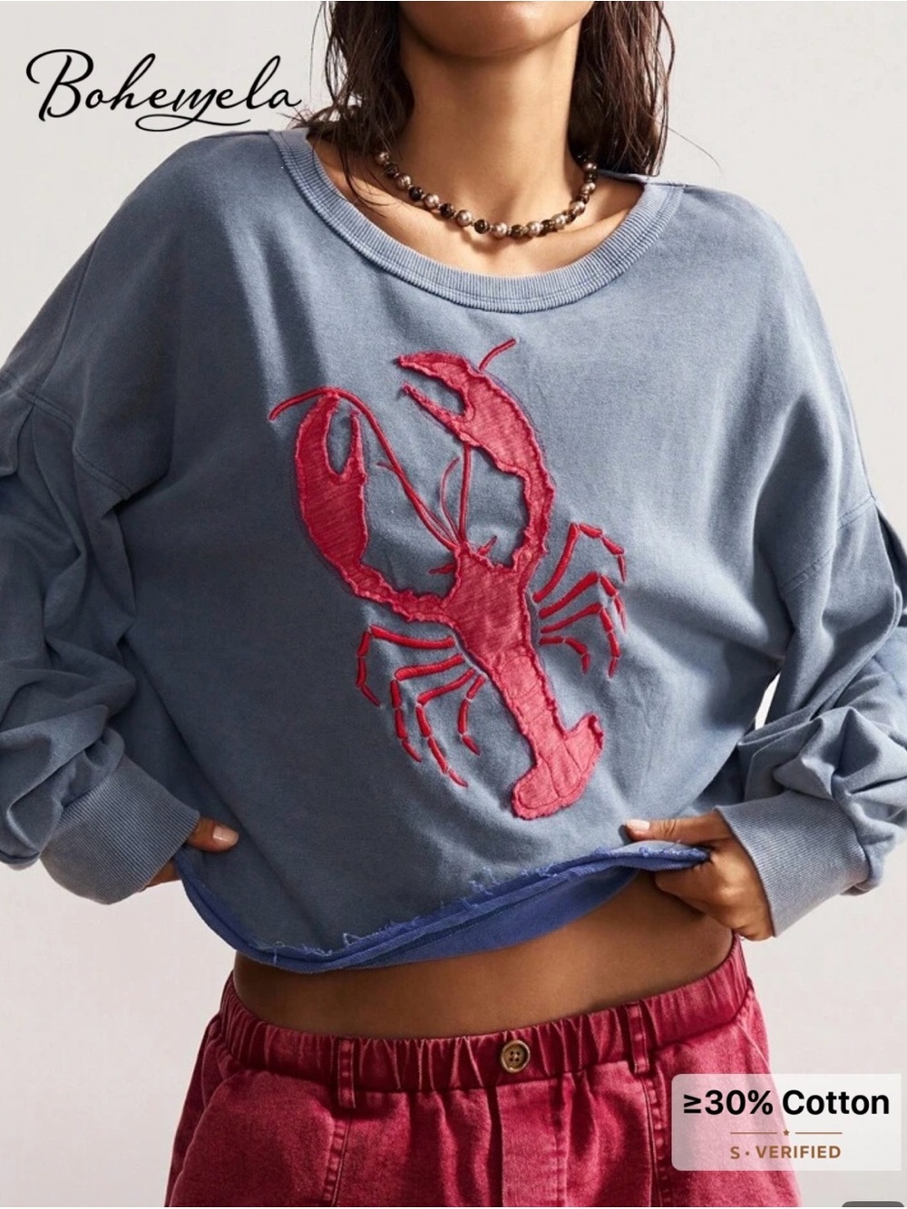 NWOT Bohemela Blue Sweatshirt with Red Lobster , Boho, Summer, Various Sizes